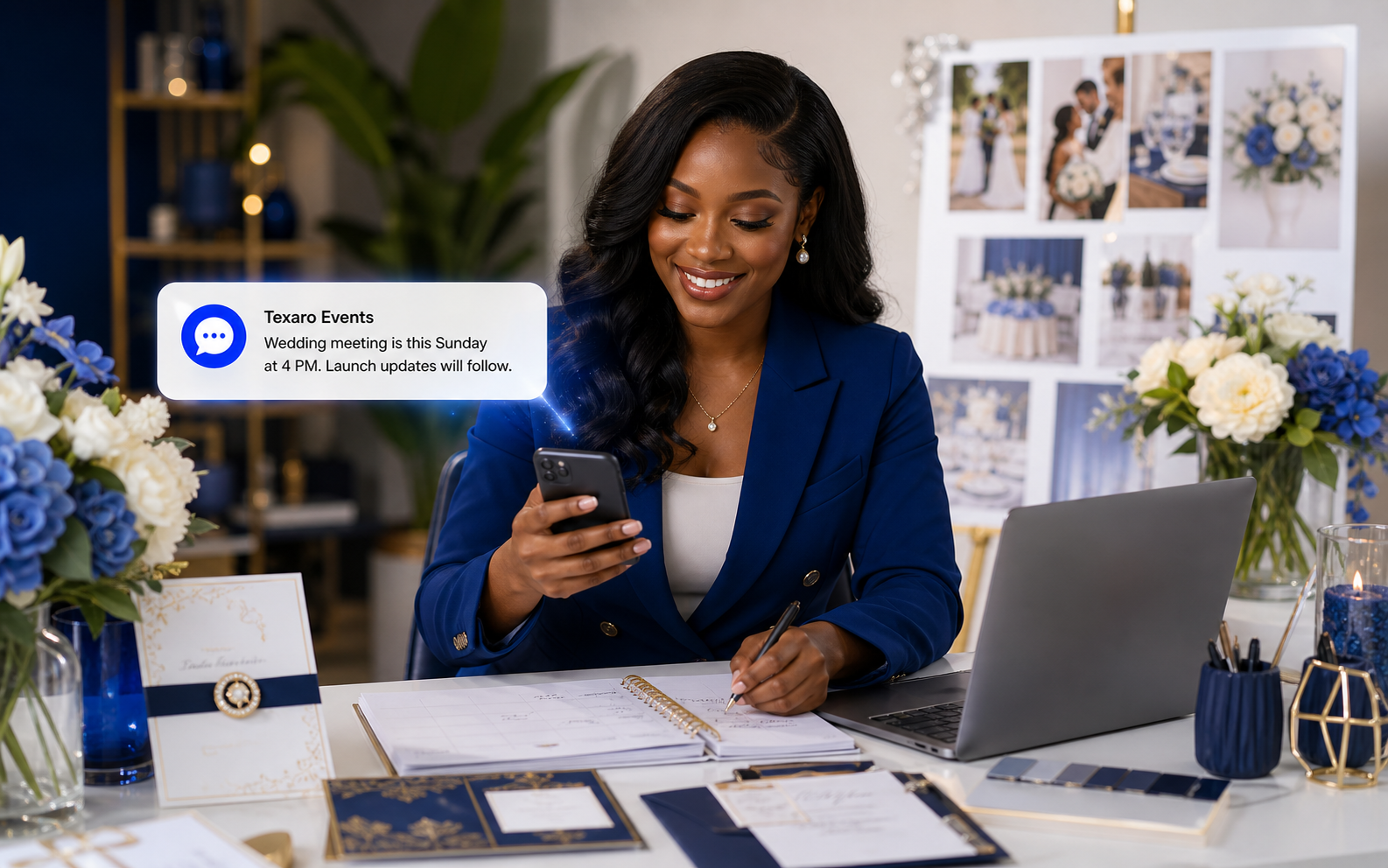 Wedding planner receiving a Texaro Events meeting SMS