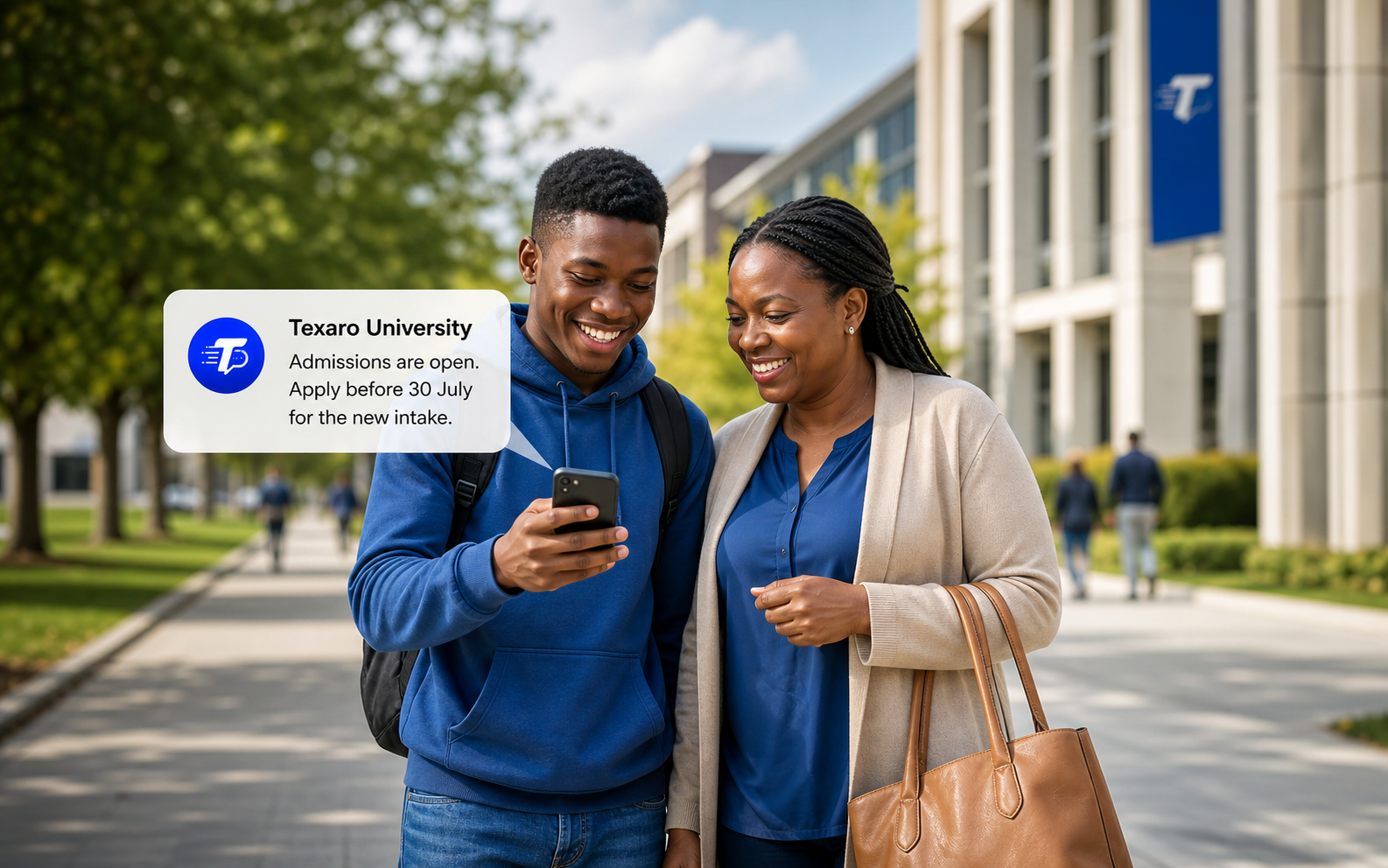 Student and parent receiving a Texaro University admissions SMS